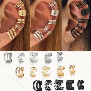 NEW - Set of 15 ear cuffs, Gold earrings, black ear cuffs, silver ear cuffs